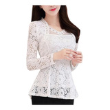 Blusa Casual Manga Longa Renda Crochê Top Elegante