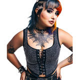 Blusa Cropped Colete Corset Strass Rock Premium Ilhos Decote