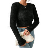 Blusa Cropped Manga Longa Pelinhos Felpuda Pelúcia Inverno