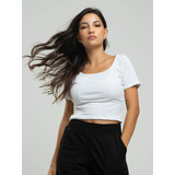 Blusa Croppet Decote Quadrado Canelado Manga Curta Feminino
