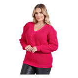 Blusa De Tricot Gola V Manga Longa Trança Feminina