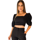 Blusa Decote Quadrado Manga Bufante Top Cropped
