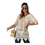 Blusa Feminina Bata Estilo Indiana Renda Guipir Bordada 2557