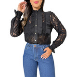 Blusa Feminina Gola Alta Cordão Renda