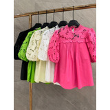 Blusa Feminina Manga Curta Bata Detalhe Em Renda Guipir