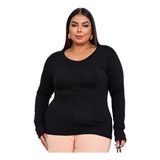 Blusa Feminina Manga Longa Segunda Pele Gola V Plus Size