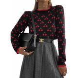 Blusa Feminina Manga Longa Tricot Modal Estampa Cereja Cher