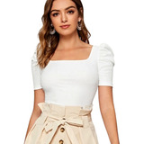 Blusa Feminina Manga Princesa Canelada Decote Quadrado 