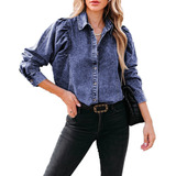 Blusa Feminina Puff, Manga Comprida, Jeans,