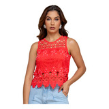 Blusa Feminina Regata De Renda Guipir Com Perolas