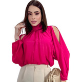 Blusa Feminina Soltinha Manga Longa Ombro Vazado Lastex Bata