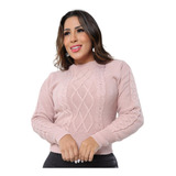 Blusa Feminina Tricô Manga Longa Trançado Frontal Estiloso