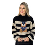 Blusa Feminina Tricô Modal Manga Bufante Tendência Urso