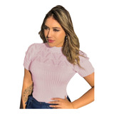 Blusa Gola Alta Manga Curta De Trico Inverno Feminina