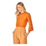Blusa Linho Manga Longa Detalhes Renda Guipir Laranja Deep