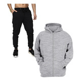 Blusa Moletom Canguru C/ Ziper Masc + Calça Conjunto Cinza