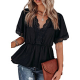 Blusa Peplum Renda Decote V Top Ruffle Manga Curta Crochê