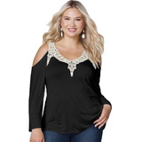 Blusa Soltinha Plus Size Bata Manga Longa Renda Guipir