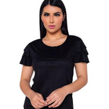 Blusa Suede Feminina Gola Rasa Manga