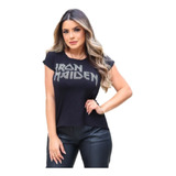 Blusa T-shirts Iron Maiden Moda Rock Pedraria Strass Top