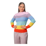 Blusa Tricô Tricot Listras Coloridas Roupas Feminina Inverno