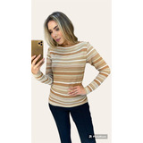 Blusa Tricot Listrada Marrom Clara Manga