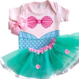 Body Bebê Ariel Temático Com Laço E Saia Fantasia Princesas 