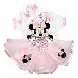 Body Bebe Mesversário Menina + Saia Tule + Laço Minnie Rosa