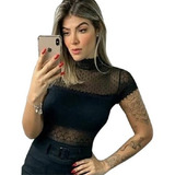 Body Bori Feminino Blusa Renda Gola Alta Manguinha Tule Poa