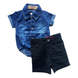 Body Camisa Jeans E Bermuda Preta Bebê Menino 