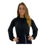 Body Feminino Blusa Manga Longa Bufante Gola Alta Drapeado 