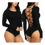 Body Feminino Manga Longa Detalhe Nas Costas Collant Maiô 