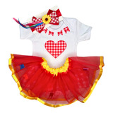 Body Junino + Saia + Laço Xadrez Roupa Festa Junina Bebe
