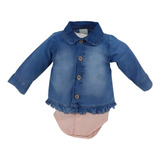Body Longo Bebê Menina Finta Camisa Jeans Luxo Katita 2340