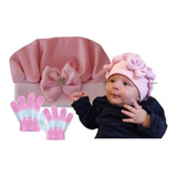 Boina Bebê Touca Plush Laço + Luvas De Frio Infantil Inverno