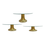 Boleira Prato Bandeja Bolo Doces Dourada Vidro Kit Trio