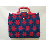 Bolsa Antiga Fio Lã Azul Vermelho Forrada Usado Bom Estado