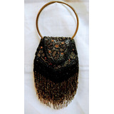 Bolsa De Festa De Mão Cetim Preto Bordado Franja Canutilhos