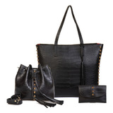 Bolsa Feminina Sacola Grande Kit Com 3 Peças Universitária Cor 2-preta/1-amêndoa