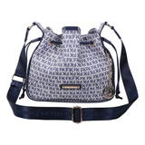 Bolsa Sacola Fellipe Krein Feminina Ombro Bowling Bag Acambamento Dos Ferragens Ouro Light Cor Azul - Fk625 Desenho Do Tecido Monograma
