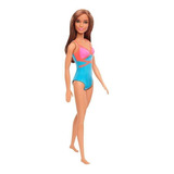 Boneca Barbie Praia Cabelo Castano Longo - Maiô Azul E Rosa 