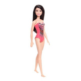 Boneca Barbie Praia Cabelo Preto Longo Asiatica Maiô Rosa 