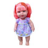 Boneca Bebê Articulada Cabelo Rosa Em