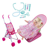 Boneca Bebê Loira 38cm C/ Acessórios Médico Berço + Carrinho