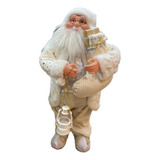 Boneco Natalino Papai Noel Branco Estrelas Lamparina 45cm
