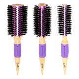 Bonitta Profissional Thermal Metallic Kit 3 Escovas De Cabelo Cerdas Mista Cor Roxo E Madeira
