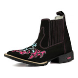 Bota Botina Feminino Texana Bico Quadrado Couro Cano Curto Bordado Rosa Ramon Boots.