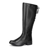 Bota Feminina Cano Longo Alto Amarrar Montaria Zíper Marrom