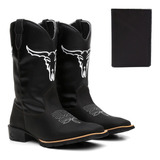 Bota Texana Masculina Country Couro Cara Do Boi + Carteira