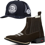 Botina Texana Country Bota Bico Quadrado 100% Couro + Brinde